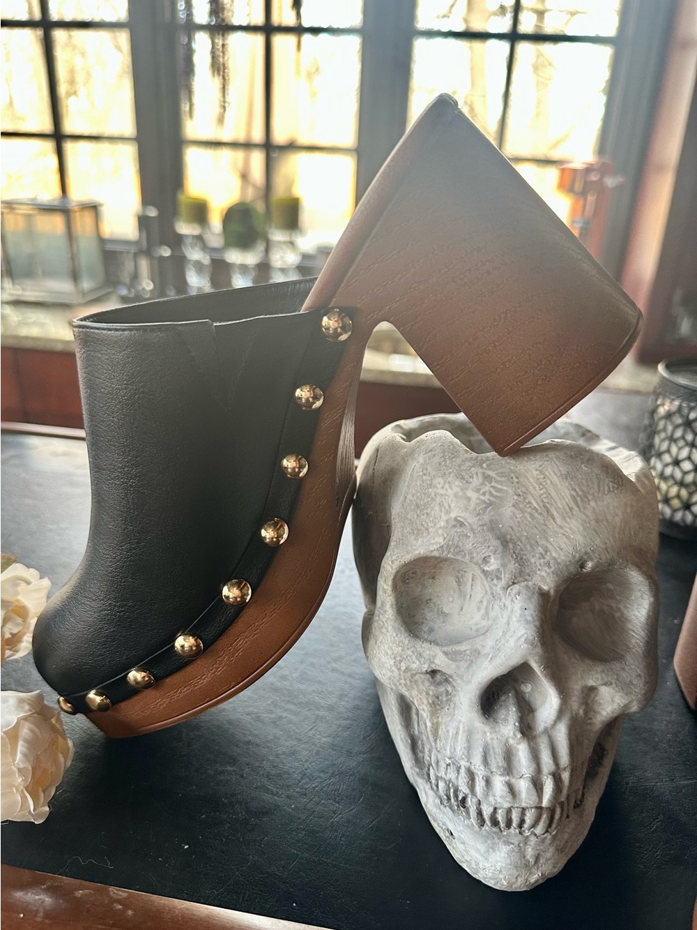 Black Leather Platform Clog Mule with Gold Studs Size 8.5